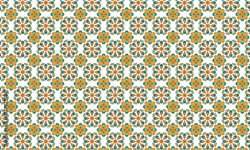 The pattern features stylized, multi-petaled floral motifs in cream with teal centers, interconnected by smaller orange geometric shapes on a cream background,creating a cheerful and decorative repeat