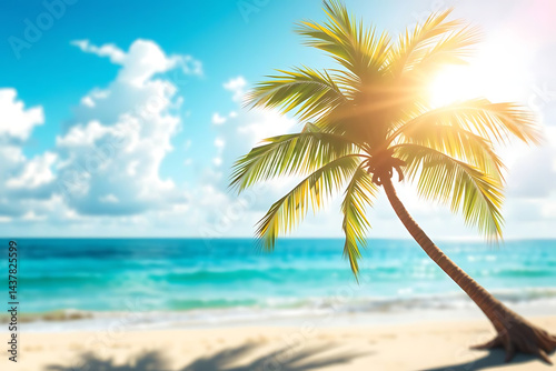Fototapeta Naklejka Na Ścianę i Meble -  Tropical Paradise: Palm Tree Silhouette on Sandy Beach with Sunlight and Ocean Waves, Ideal for Vacation and Relaxation Themes