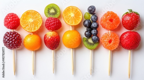 Colorful Fruit Skewers Display with Fresh Berries, Citrus, and Kiwi on Wooden Sticks for Healthy Snacks
