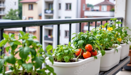 Compact balcony garden in city apartment tomatoes and herbs growing in smart self watering containers showing small space farming lifestyle