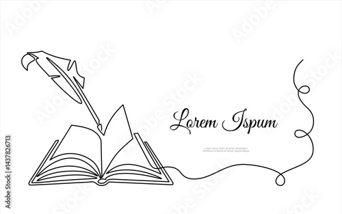 World Poetry Day. Abstract antique ink pen for writing and open book, continuous single one line art hand drawing sketch logo