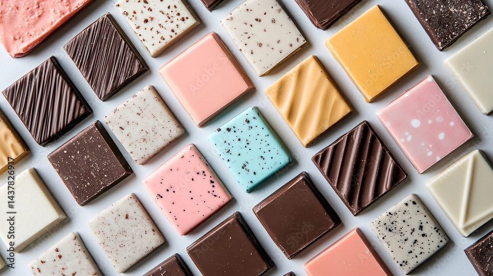 Fototapeta premium Chocolate bars with pastel geometric patterns layered on white paper
