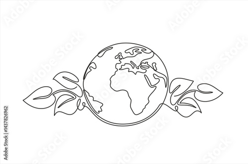 Single continuous one line art growing sprout. Plant leaves grow planet Earth seedling eco natural concept design sketch drawing vector illustration art