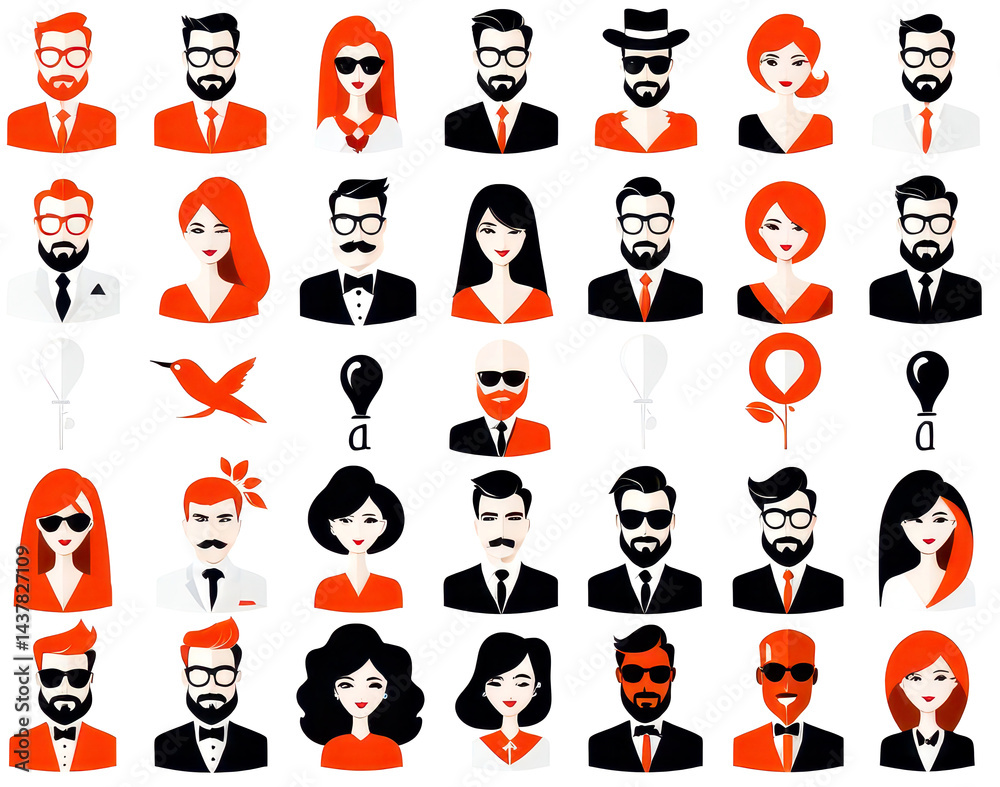 Fototapeta premium set of icons of avatars, group of people in cartoon, comics of persons