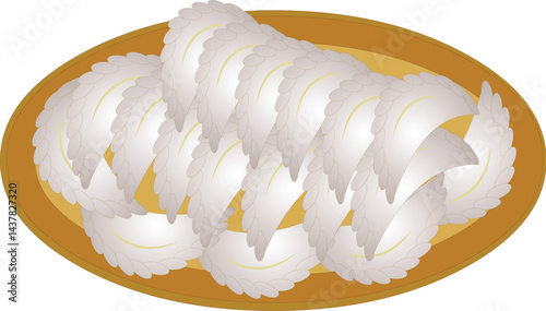 Cartoon Style Vector Illustration of Asian Dumplings on Wooden Plate | Traditional Food Icon for Animation, Game Assets, Restaurant Menu, Bento Box, Culinary Explainer or Food Video Projects

