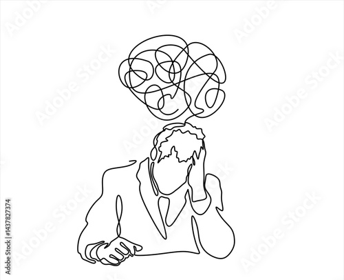 Man in depression, stressed, headache and despair continuous one line drawing. Single line art illustration of confusing and stressed person. Editable vector.