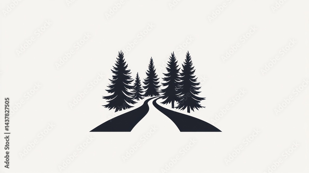 Obraz premium Winding road through pine forest, nature background, travel poster