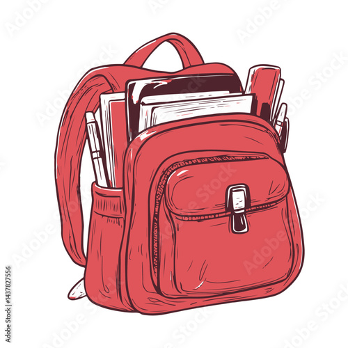 A cartoon school bag icon in red colour