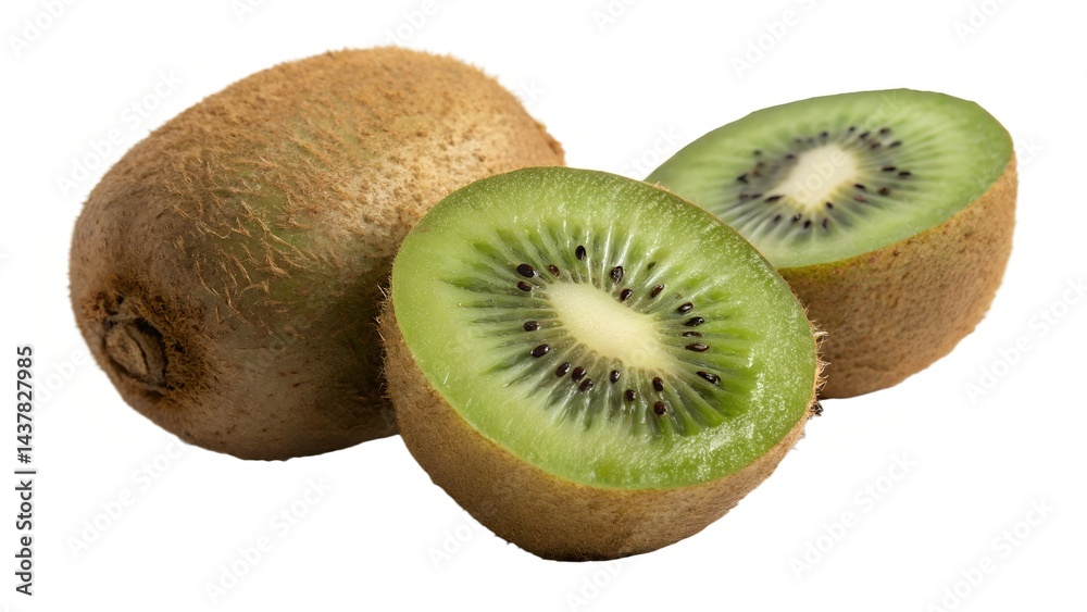 Obraz premium Juicy kiwi fruit showcasing vibrant green flesh and brown skin, ideal for food-related promotions.