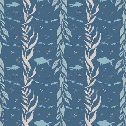 Stylish hand-drawn whimsical seamless pattern with seaweed and fish. Sea and ocean vacation vibes. Dark blue background