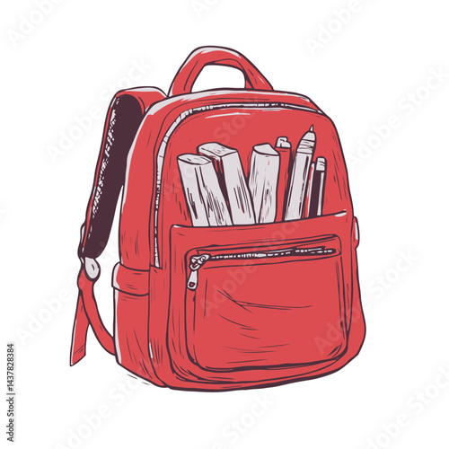 A cartoon school bag icon in red colour
