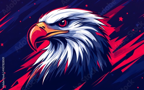 Majestic eagle head illustration with vibrant red, white, and blue on a dark backdrop