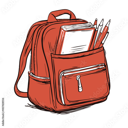 A cartoon school bag icon in red colour