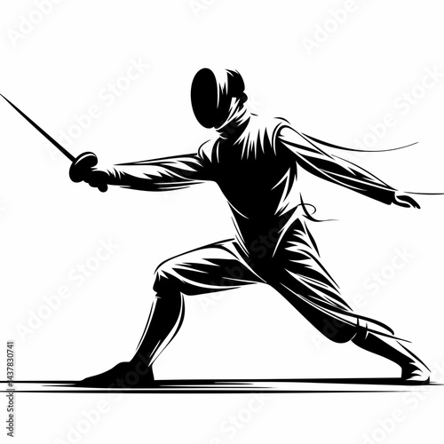 Fencer in Action Performing a Lunge against a White Background  