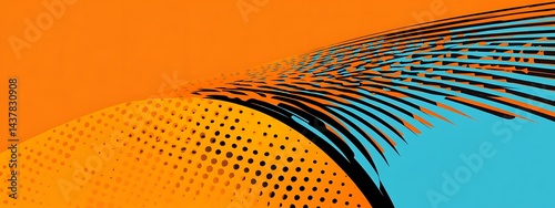 Abstract art with orange and blue hues, halftone dots, and curved lines photo