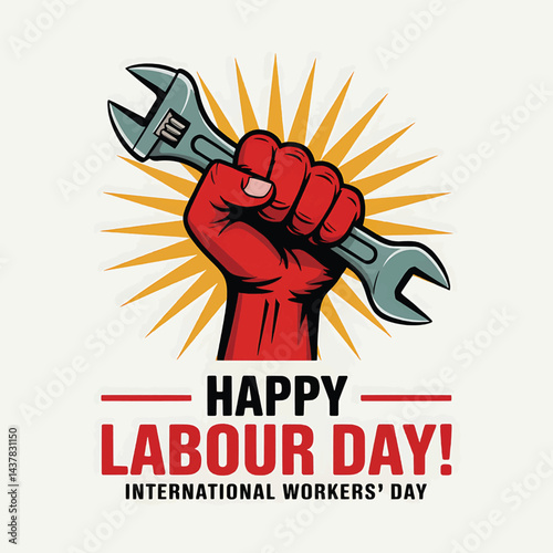 Happy Labour Day International Workers' Day Vector with Fist Holding Wrench, Symbolizing Strength, Unity, and Hard Work