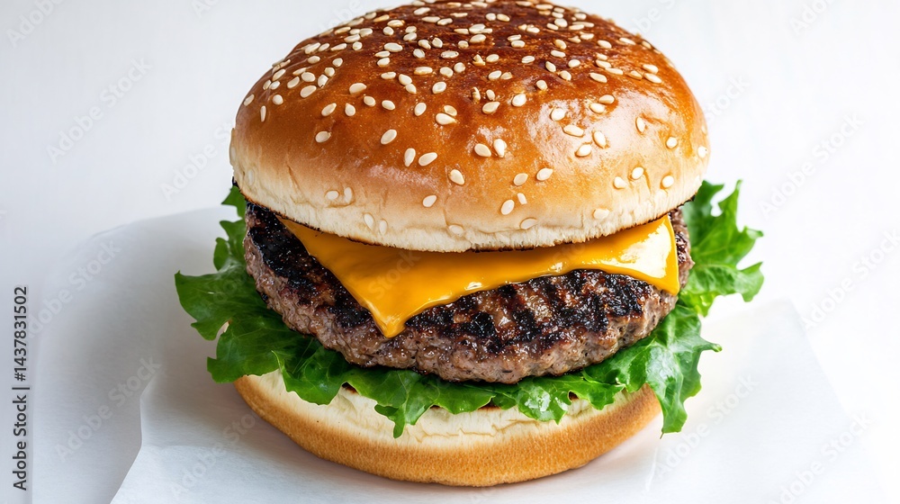 A Cheeseburger With a Large Grilled Patty Sesame Seed Bun and Lettuce Isolated a White Background