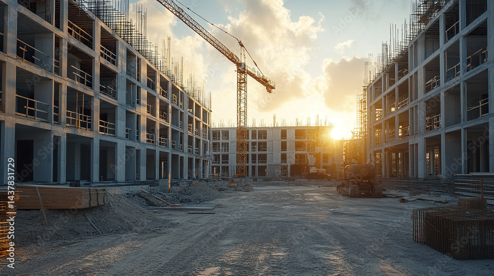 Obraz premium construction site sunset with cranes and buildings development, showcasing progress and hope