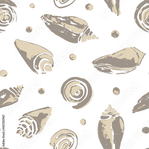 Hand-drawn vector seamless pattern with sandy seashells. White background. 