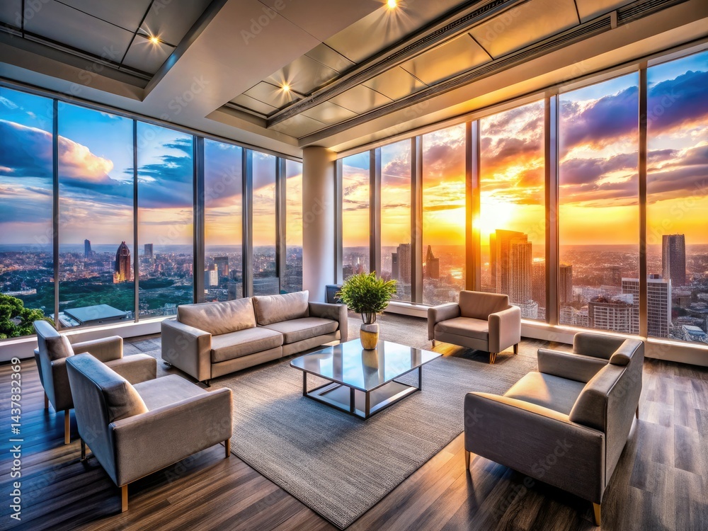 Fototapeta premium Modern Office Lounge, Sleek Furniture, City Skyline View - Panoramic Window Design