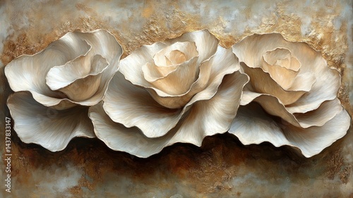 Fototapeta Naklejka Na Ścianę i Meble -  Three delicate, light beige roses, sculpted with textured petals, artfully arranged against a warm, earthy backdrop