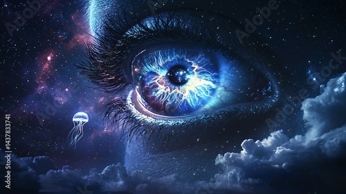: A surreal cosmic scene featuring a giant glowing eye in the galaxy, surrounded by jellyfish floating among clouds and stars, creating a dreamlike and mystical atmosphere
