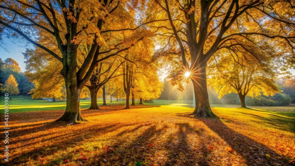 Fototapeta premium Golden autumn sun rays illuminate a picturesque park landscape, casting long shadows from majestic trees with vibrant yellow foliage onto a grassy field