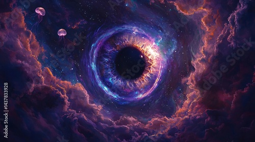 : A surreal cosmic scene featuring a giant glowing eye in the galaxy, surrounded by jellyfish floating among clouds and stars, creating a dreamlike and mystical atmosphere