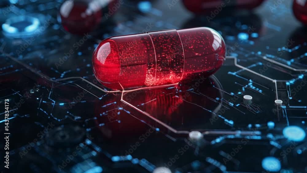 A red pill on an electronic background, medicine concept.