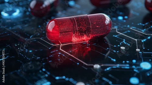 A red pill on an electronic background, medicine concept.