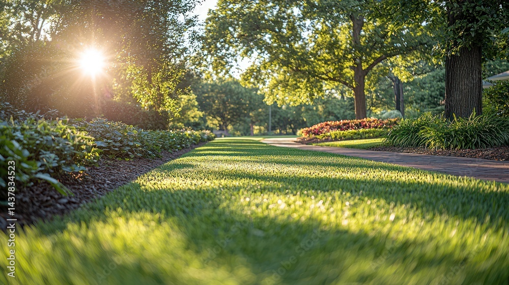 Fototapeta premium Sunny park pathway. Lush green grass