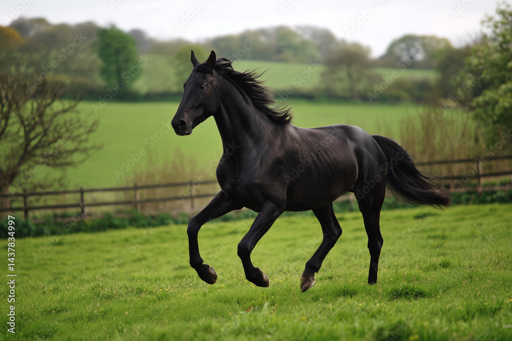 Black Horse Running in Open Field Black Horse Running in Open Field