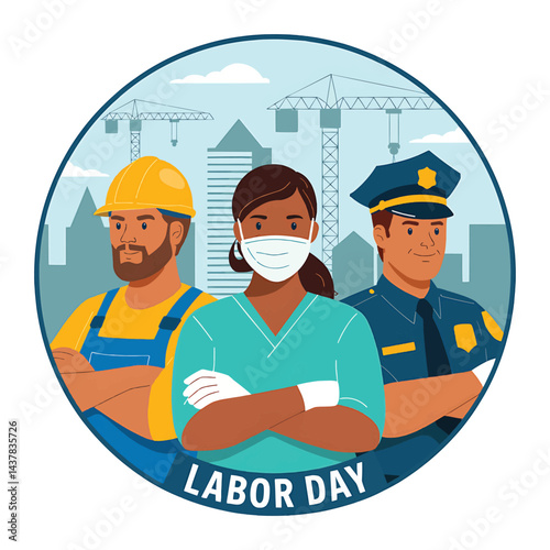 Labor Day Vector Illustration with Construction Worker, Doctor, and Police Officer in Front of Urban Construction Site Honoring Essential Workers