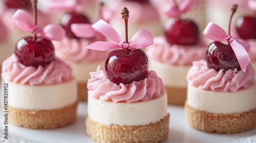 Mini cherry cheesecakes decorated with pastel ribbons