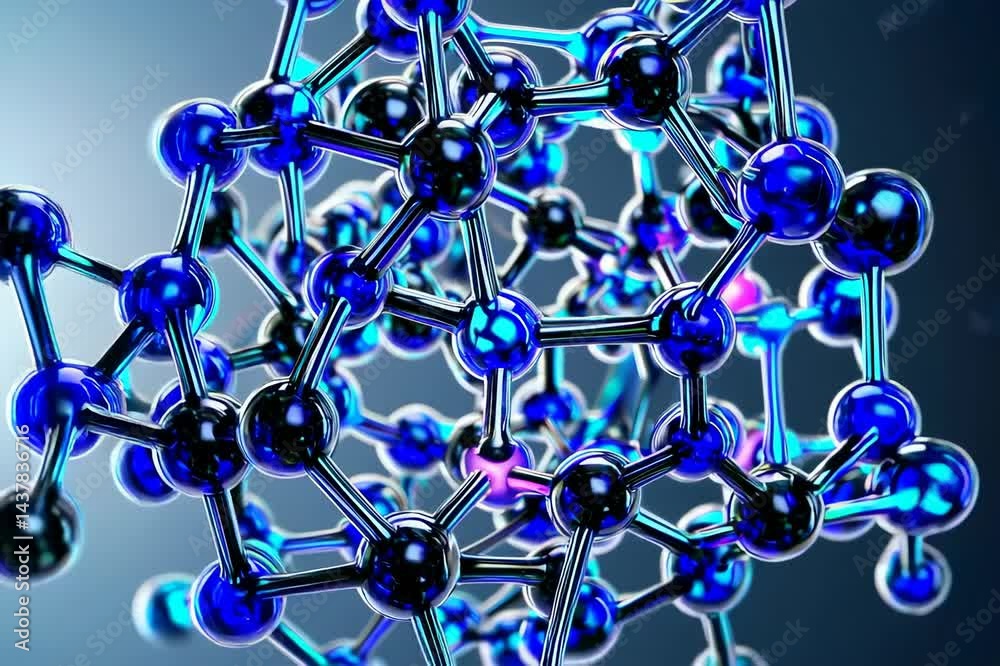 A complex network of blue molecules is showcased in a scientific study, with a detailed close-up highlighting the intricate relationships and interconnectedness