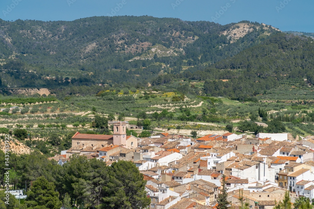 Landscape with a village on background, in Bicorp, Comunidad Valenciana (Spain)