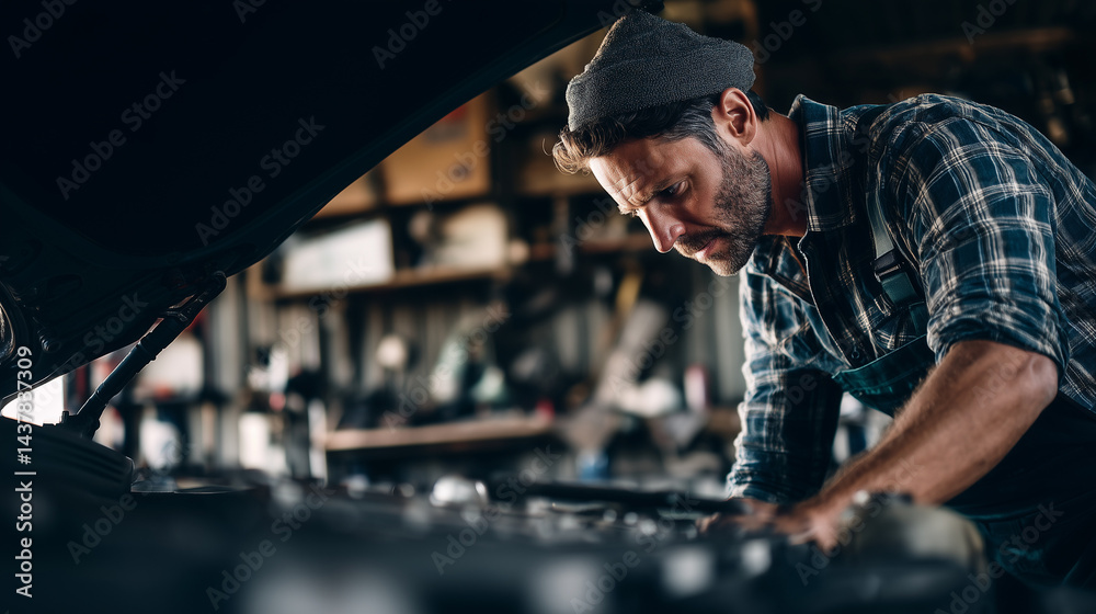 Skilled mechanic leaning over engine compartment, performing detailed diagnostic and repair work in busy automotive service center