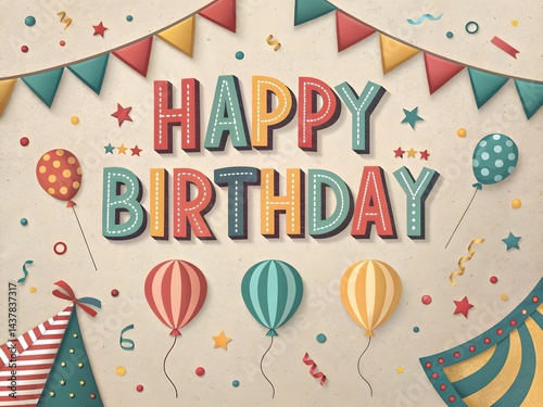 Colorful Happy Birthday Celebration Banner with Balloons and Decorations photo