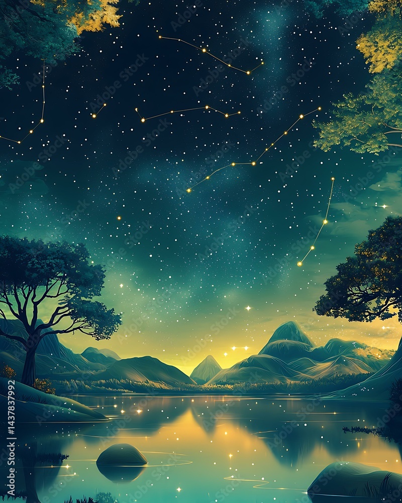 Fototapeta premium Serene Night Sky Over Mountains and Reflecting Water Landscape