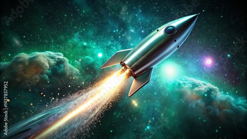 Wallpaper Mural A gleaming silver rocket ship embarks on a journey through a vibrant nebula, propelled by a fiery trail of cosmic dust and energy. Torontodigital.ca