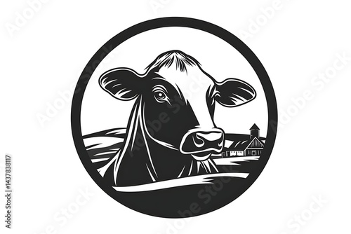 Minimalist pure black vector logo of a cow’s head in front view with a farm landscape inside a circle
