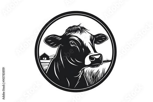Minimalist pure black vector logo of a cow’s head in front view with a farm landscape inside a circle