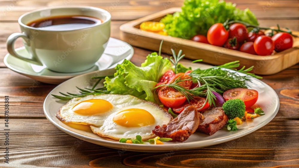 A wholesome breakfast plate featuring fried eggs, crispy bacon, and a vibrant medley of fresh vegetables, complemented by a steaming cup of coffee on a rustic wooden table A wholesome breakfast plate featuring fried eggs, crispy bacon, and a vibrant medley of fresh vegetables, complemented by a steaming cup of coffee on a rustic wooden table