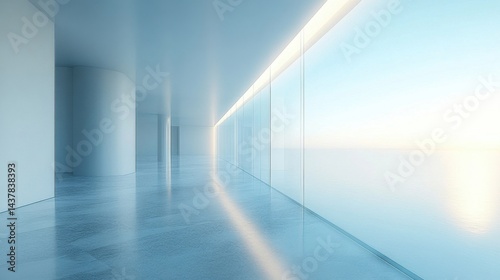 Modern Interior Hallway With Large Windows Overlooking Sky With Bright Sunlight