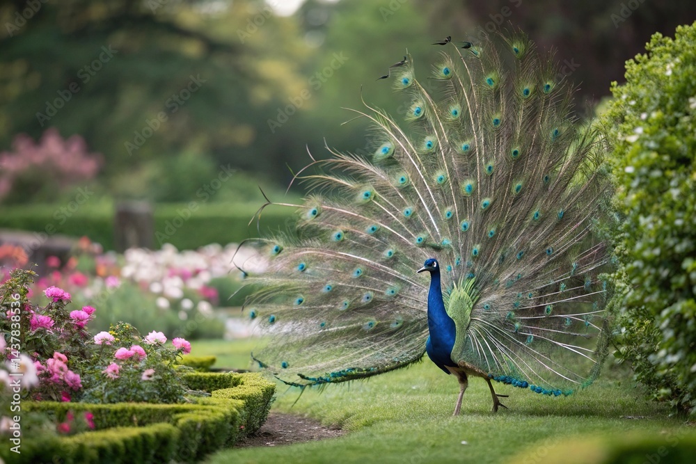 Obraz premium Peacock Displaying Vibrant Feathers in a Garden