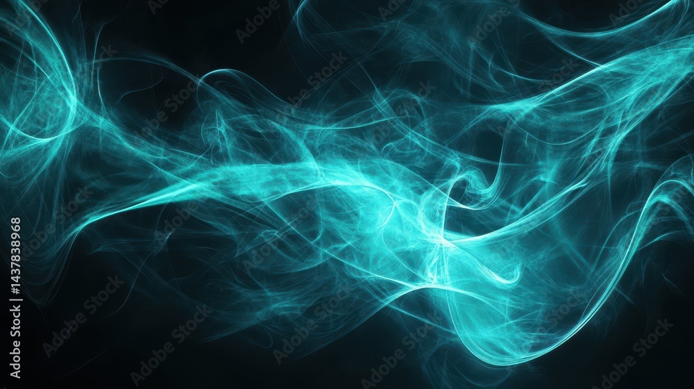 Abstract swirling turquoise smoke effect against a dark background. Intricate, ethereal, and dynamic movement. Visually captivating and suggestive of energy Abstract swirling turquoise smoke effect against a dark background. Intricate, ethereal, and dynamic movement. Visually captivating and suggestive of energy
