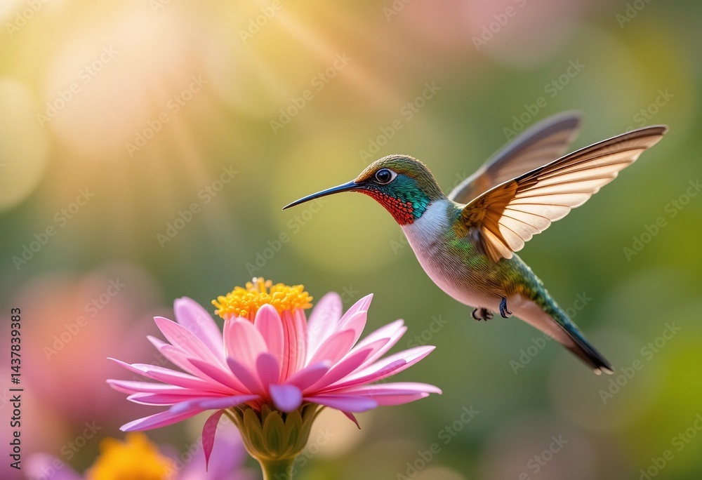 Fototapeta premium Colorful Hummingbird in Flight with Pink Flower and Sunlight