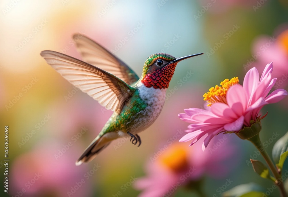 Colorful Hummingbird in Flight with Pink Flower and Sunlight Colorful Hummingbird in Flight with Pink Flower and Sunlight