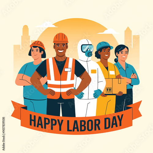 Labor Day Vector with Group of Workers from Various Occupations, Celebrating Contribution of Labor Force