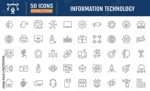 Information technology line editable stroke. Containing Programming, network, website, technology progress, internet, devices, server, data. Vector Illustration